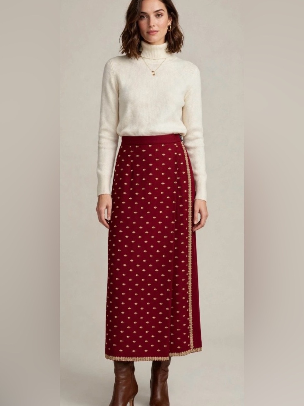 J. Peterman Deep Red Wool Flannel Tea Length Skirt with Gold Accents Size 4 NWT